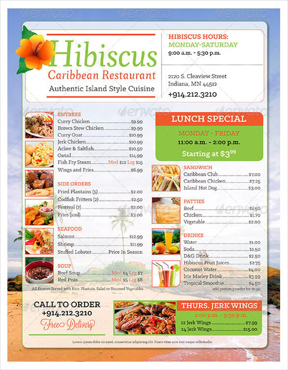 caribbean restaurant take out menu template download