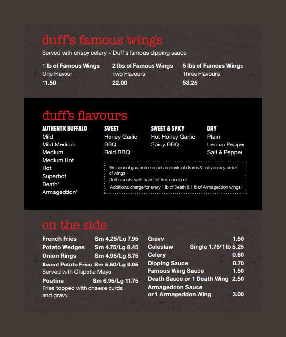 duffs takeout menu free pdf template download