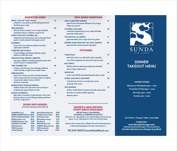 sunda takeout dinner menu template download