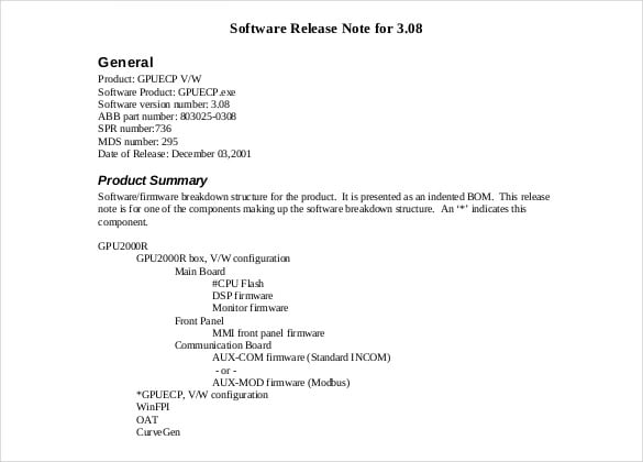 pdf format software release note template free