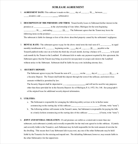 sample sublease agreement download