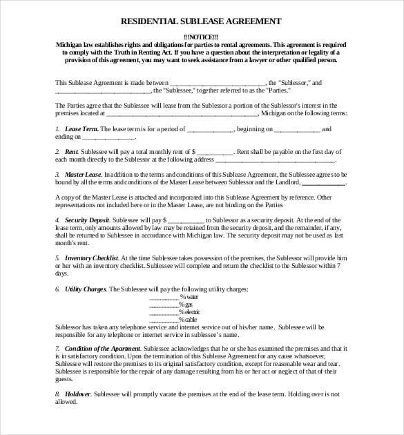 residential sublease agreement template