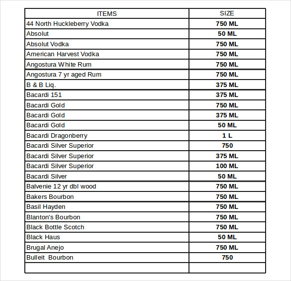 Liquor Inventory Sheet