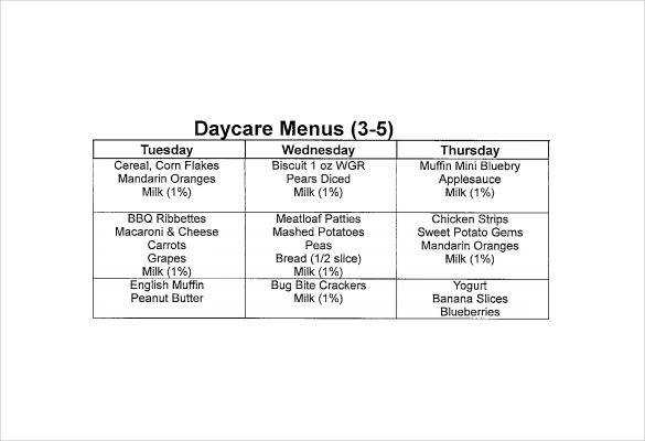 daycare menu templates word free download