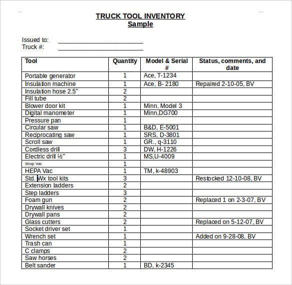 truck tool inventory template document download