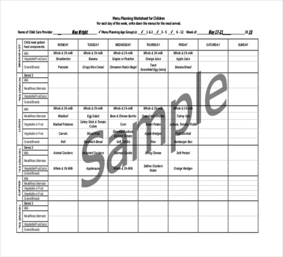 menu planning and record book for childcare template download
