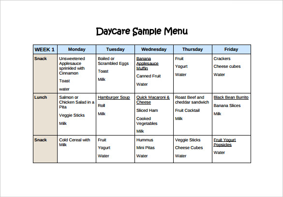 daycare sample menu template download