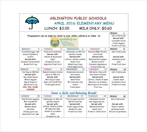 elementary school menu free template download