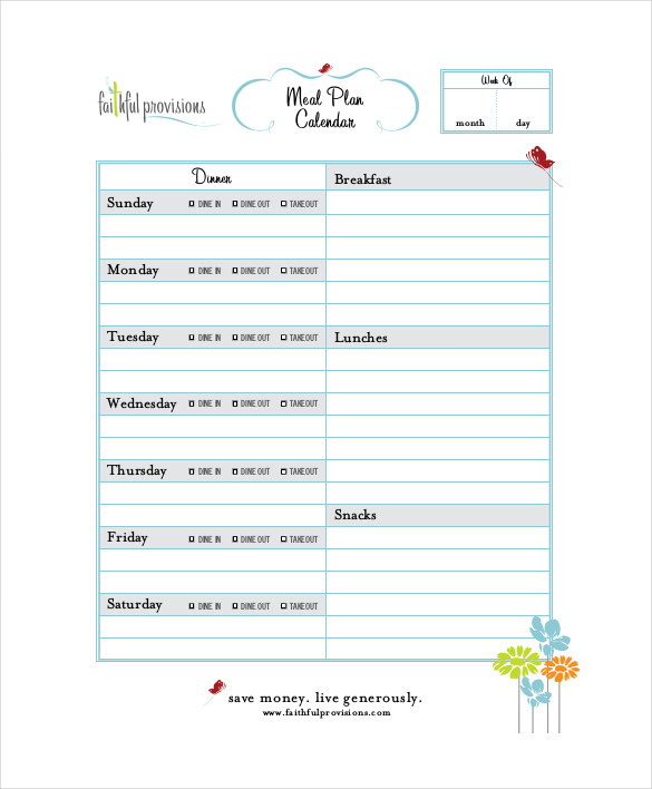 monthly menu calendar