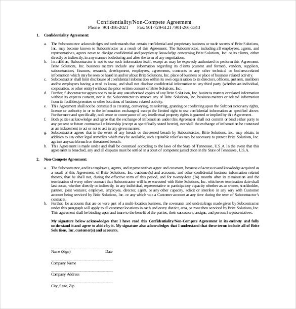 free non compete confidentiality agreement