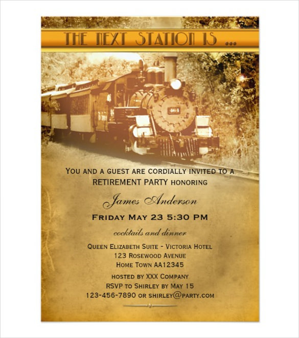 vintage train retirement party invitation