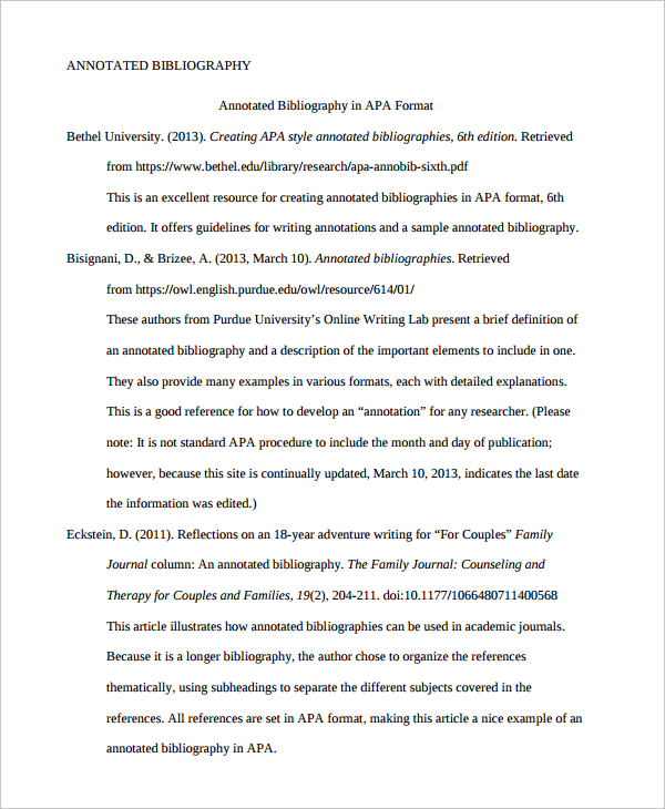 Sample of annotated bibliography in apa format