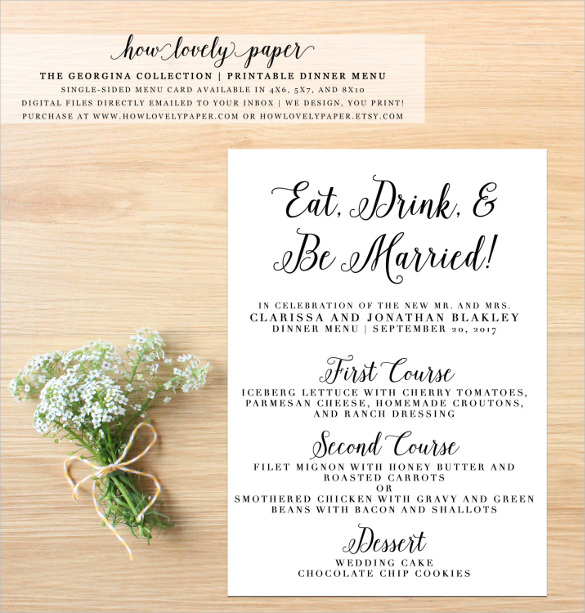 printable wedding dinner menu card template download