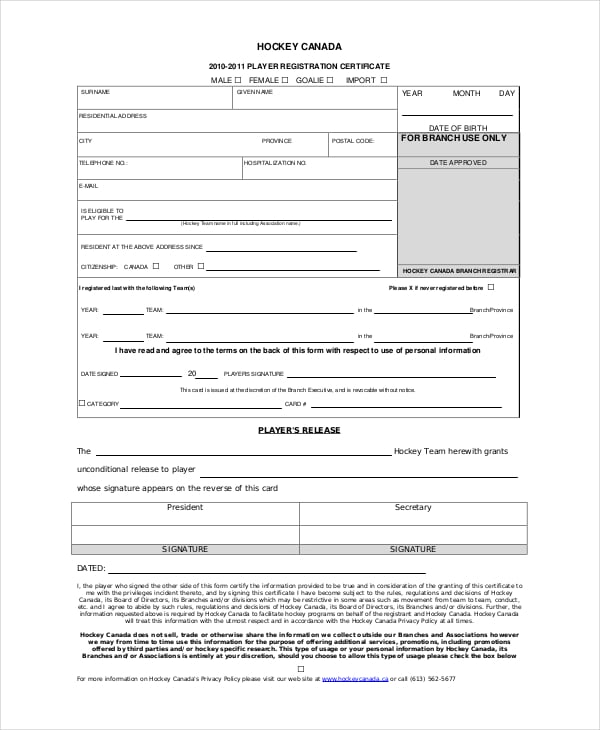 hockey registration certificate