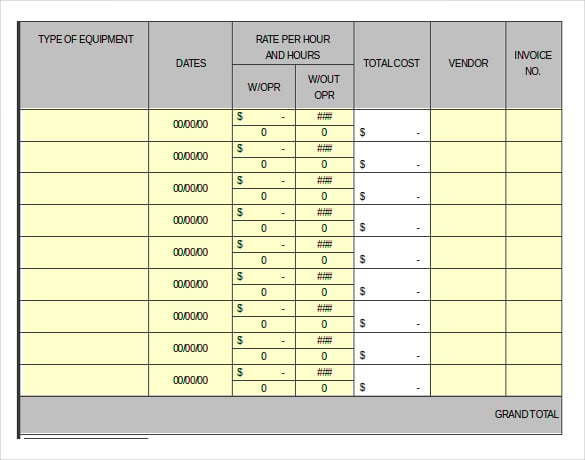 rented equipment summary record inventory template example format