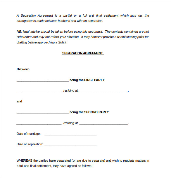 sample party separtion agreement template