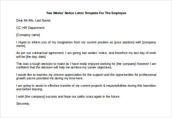 download two weeks’ notice letter template for the employee