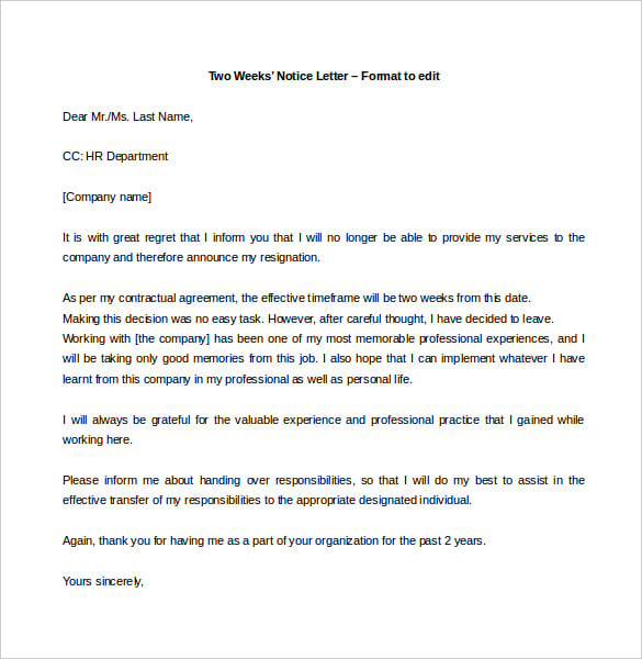 34+ Two Weeks Notice Letter Templates PDF, Google Docs