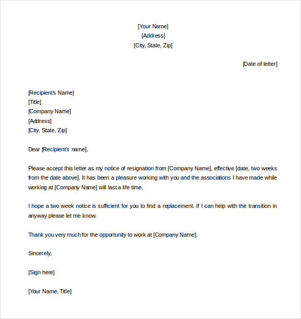 two week notice letter template free editable download