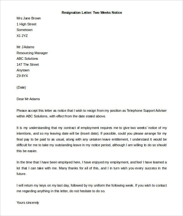 resignation letter with two weeks notice template in word