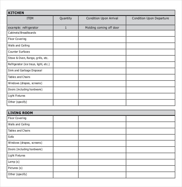 home tenant inventory checklist free sample download