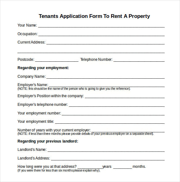 tenants application form to rent a property document
