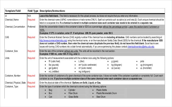 chemical inventory template instructions free download
