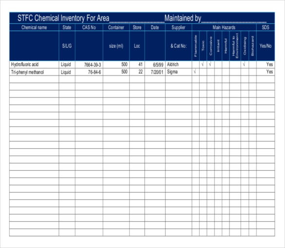 msds inventory sheet template