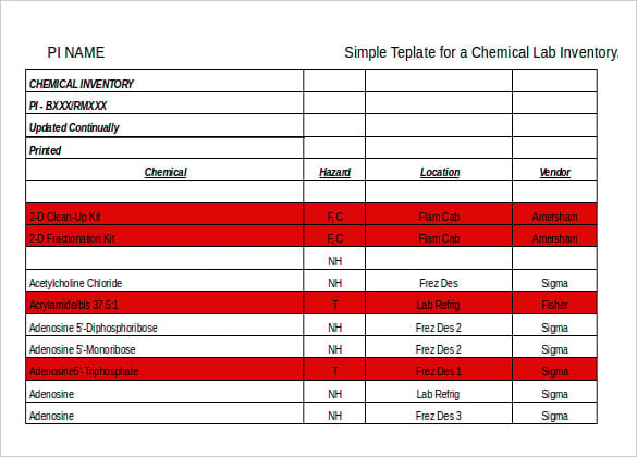 simple teplate for a chemical lab inventory