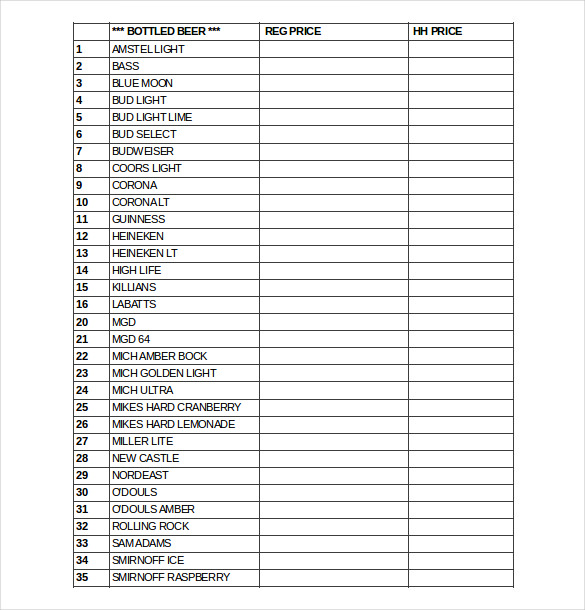 Bar Checklist Template