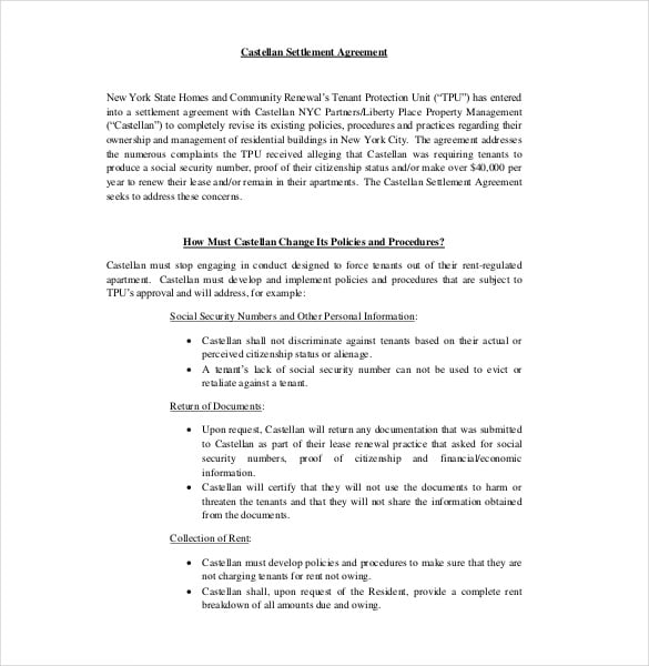 sample castellan settlement agreement template