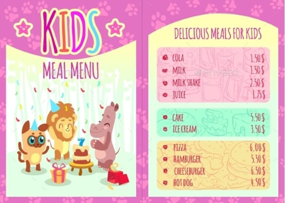 kids meal menu with animal characters template download