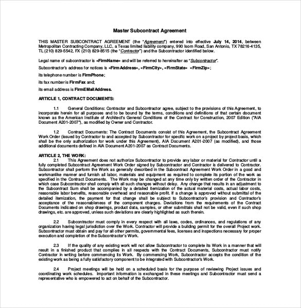 example master subcontract agreement template