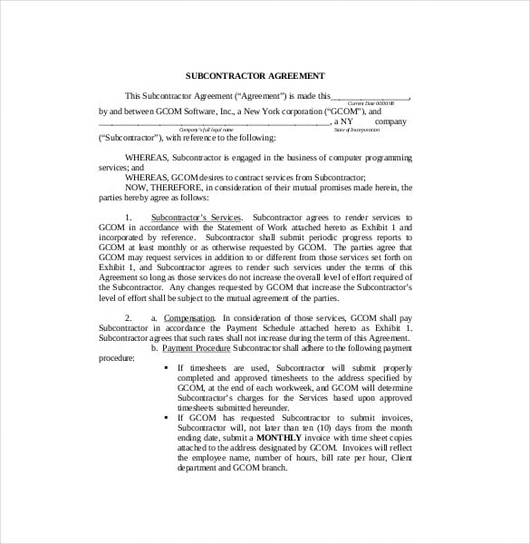 sample subcontract agreement template