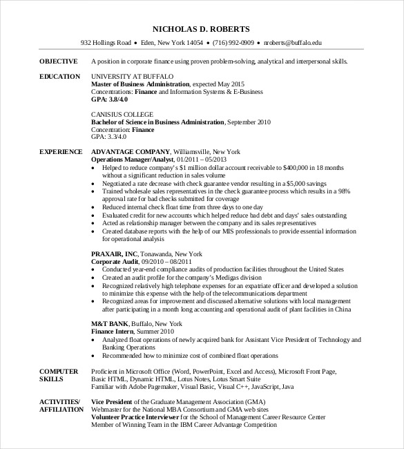 15 MBA Resume Templates DOC PDF