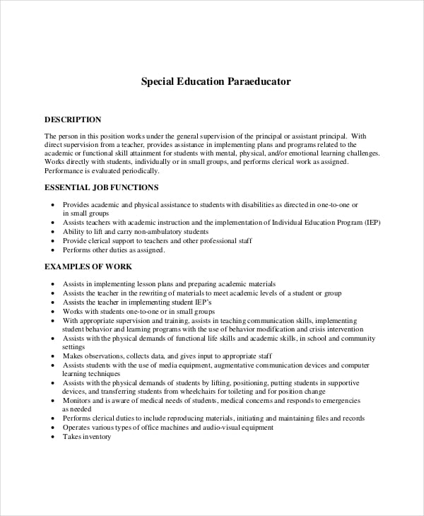special education paraeducator resume