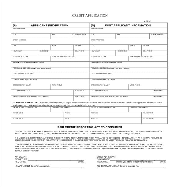joint credit application information form free dow