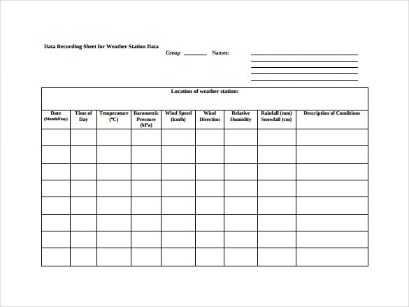 format of data recording sheet for weather station free download