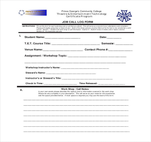 job call log form free download pdf format template