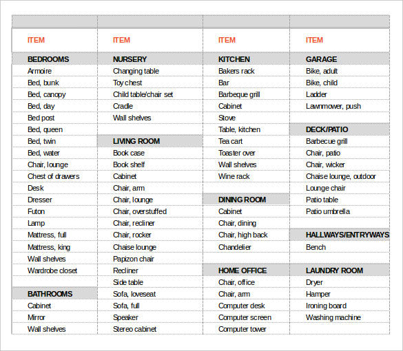 13 Moving Inventory Templates Free Sample Example Format Download