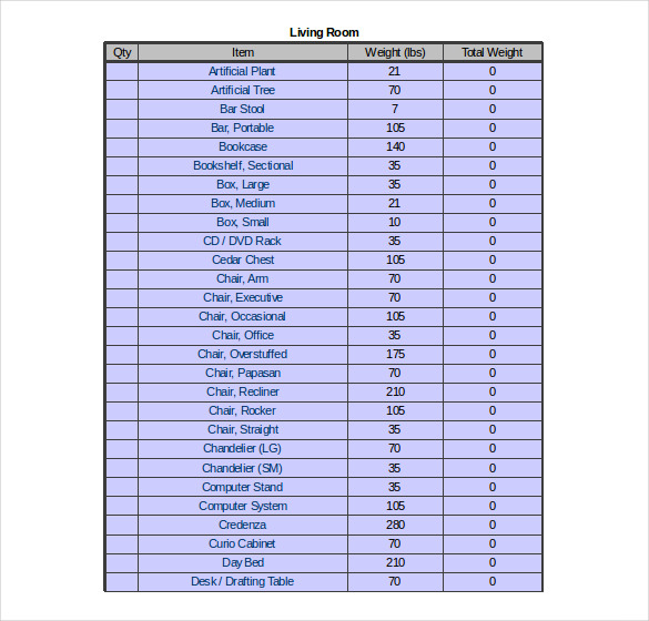 furniture moving inventory list