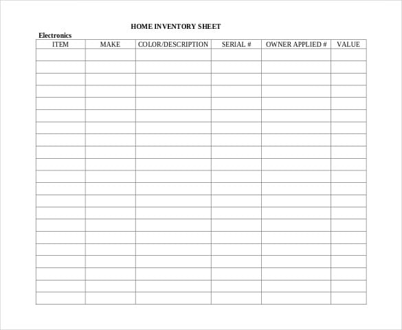 home inventory sheet free download pdf format template