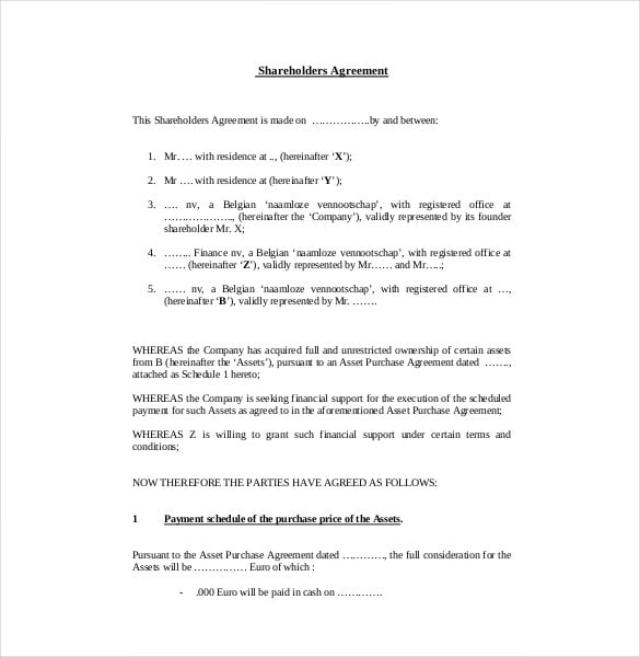 sample shareholder agreement template