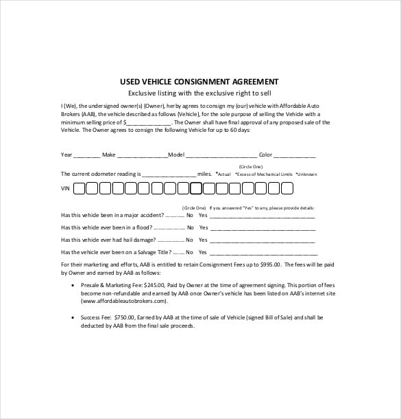 example used vehicle consignment agreement template