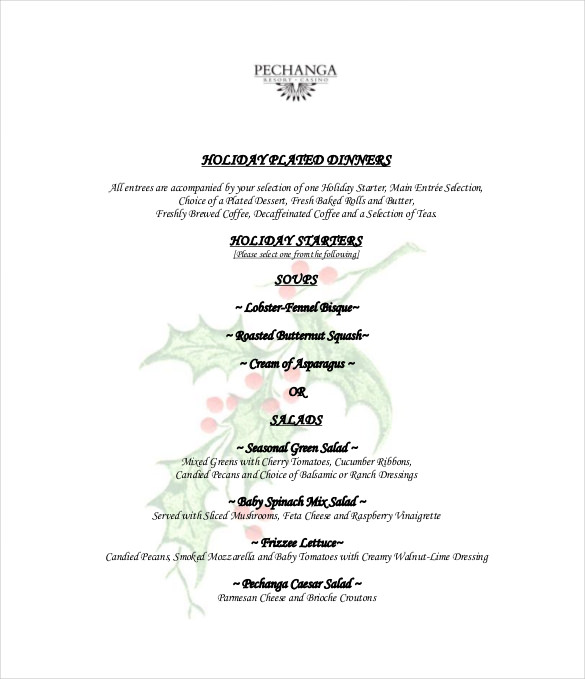 holiday menu free pdf template download