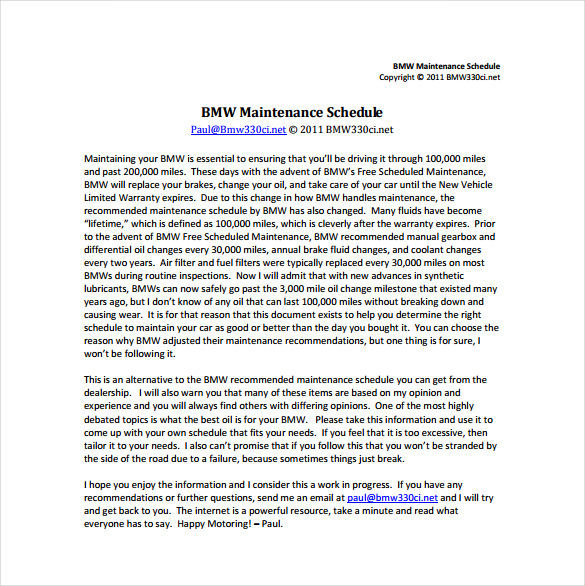 bmw maintenance schedule free pdf template download