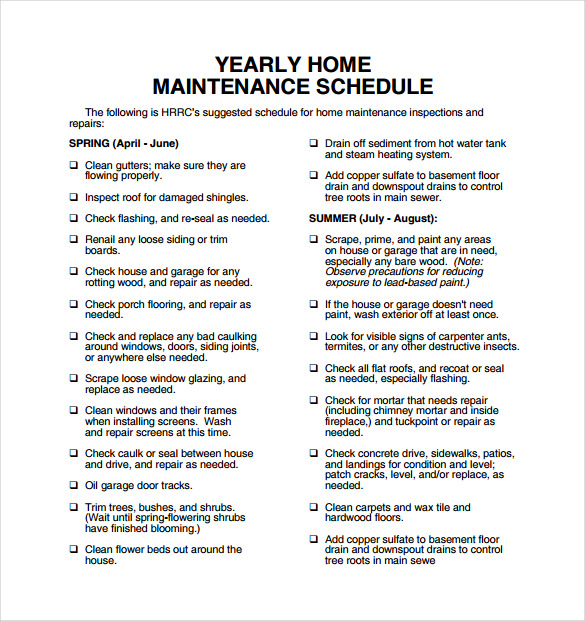 yearly home maintenance schedule pdf template free download