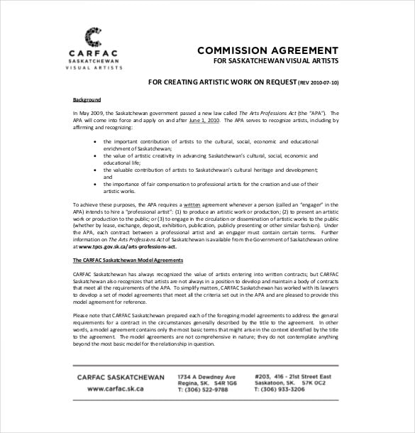 sample artisits commission agreement template