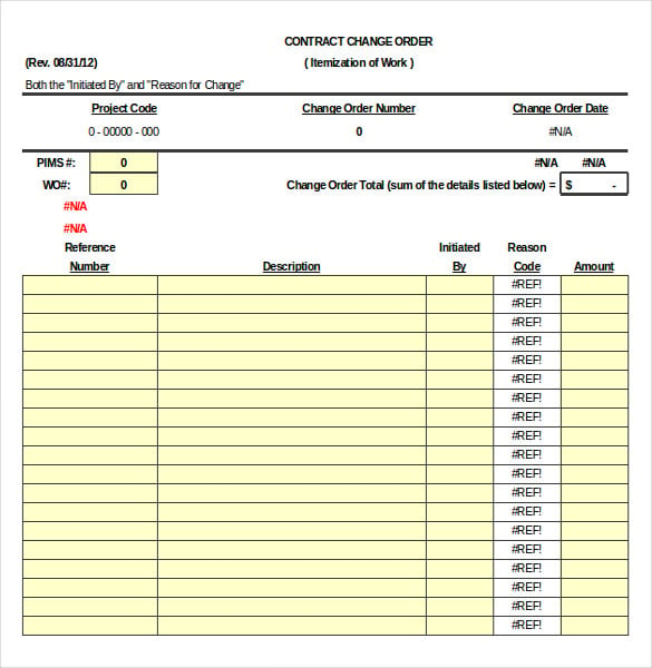 contract summary change order excel template