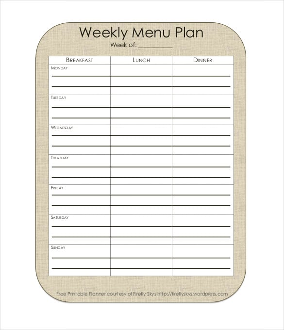 weekly menu plan free pdf format template download